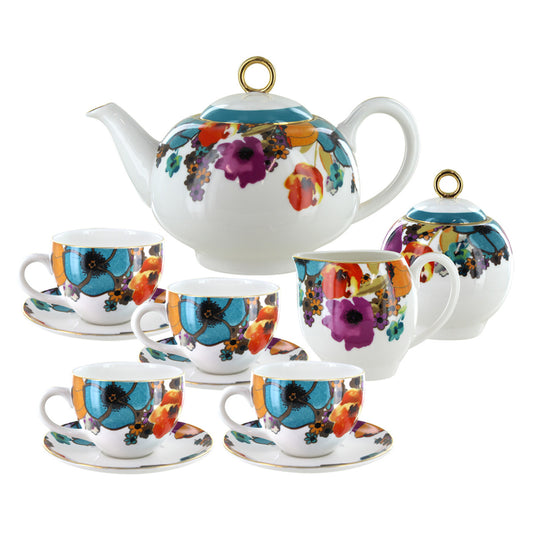 Tea set with floral design on a white background