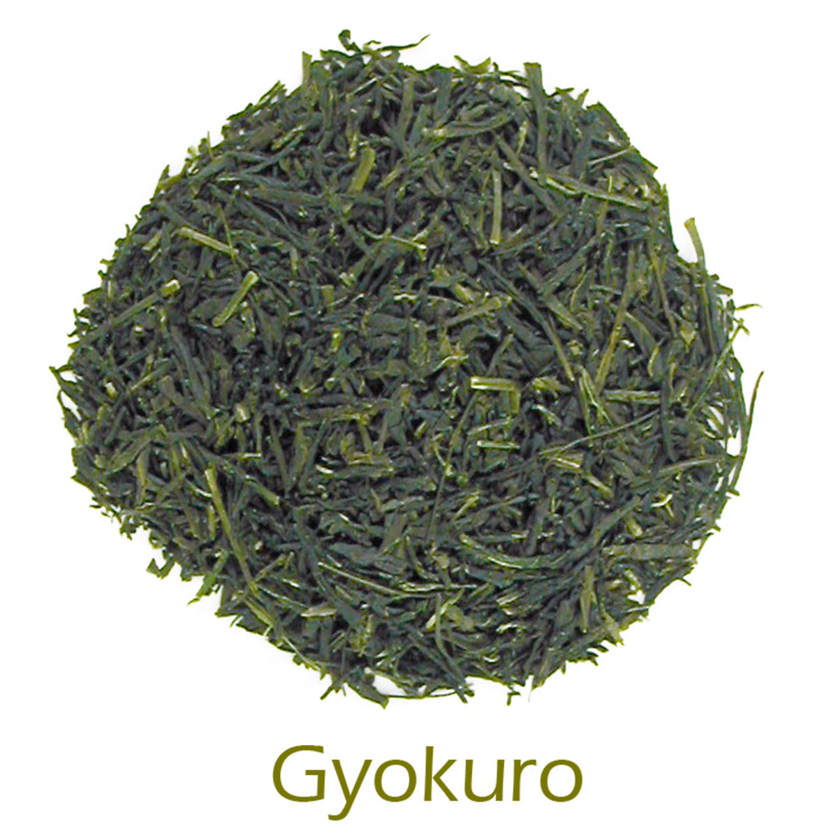 Gyokuro loose-leaf tea on a white background with product title text callout at bottom