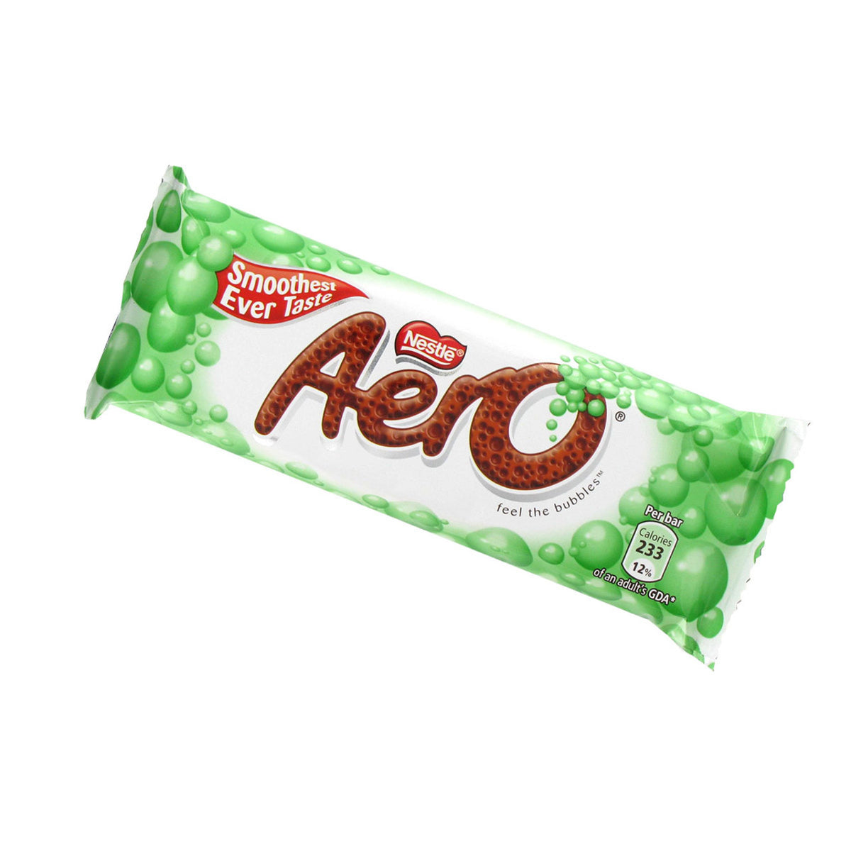 Nestle Aero chocolate bar packaging with green and white design on a white background