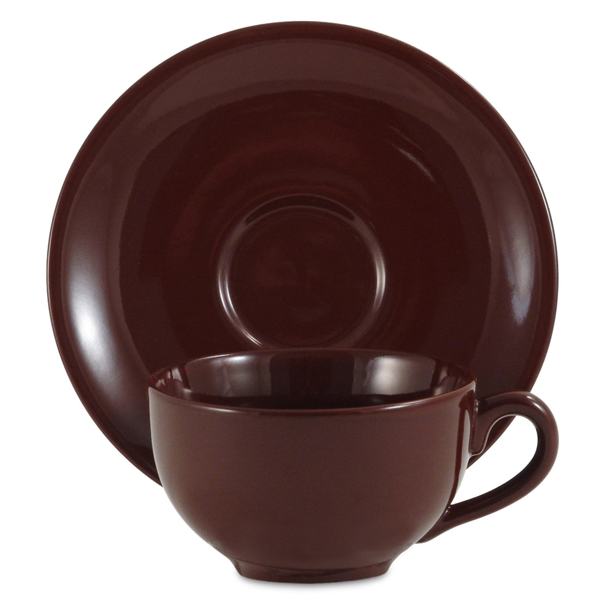 Brown ceramic cup and saucer set on a white background