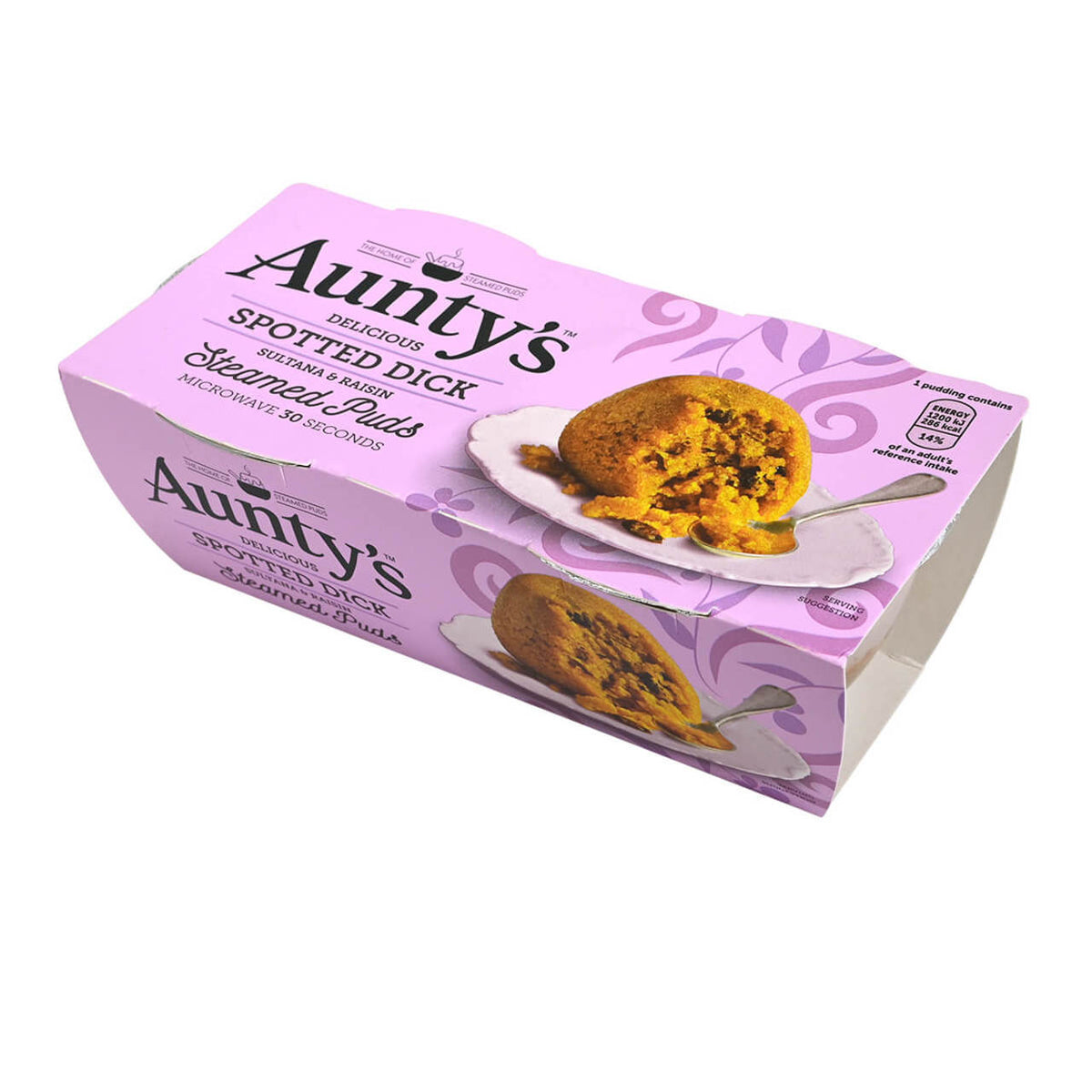 Box of Aunty's sultana and raisin steamed puds with a purple design on a white background