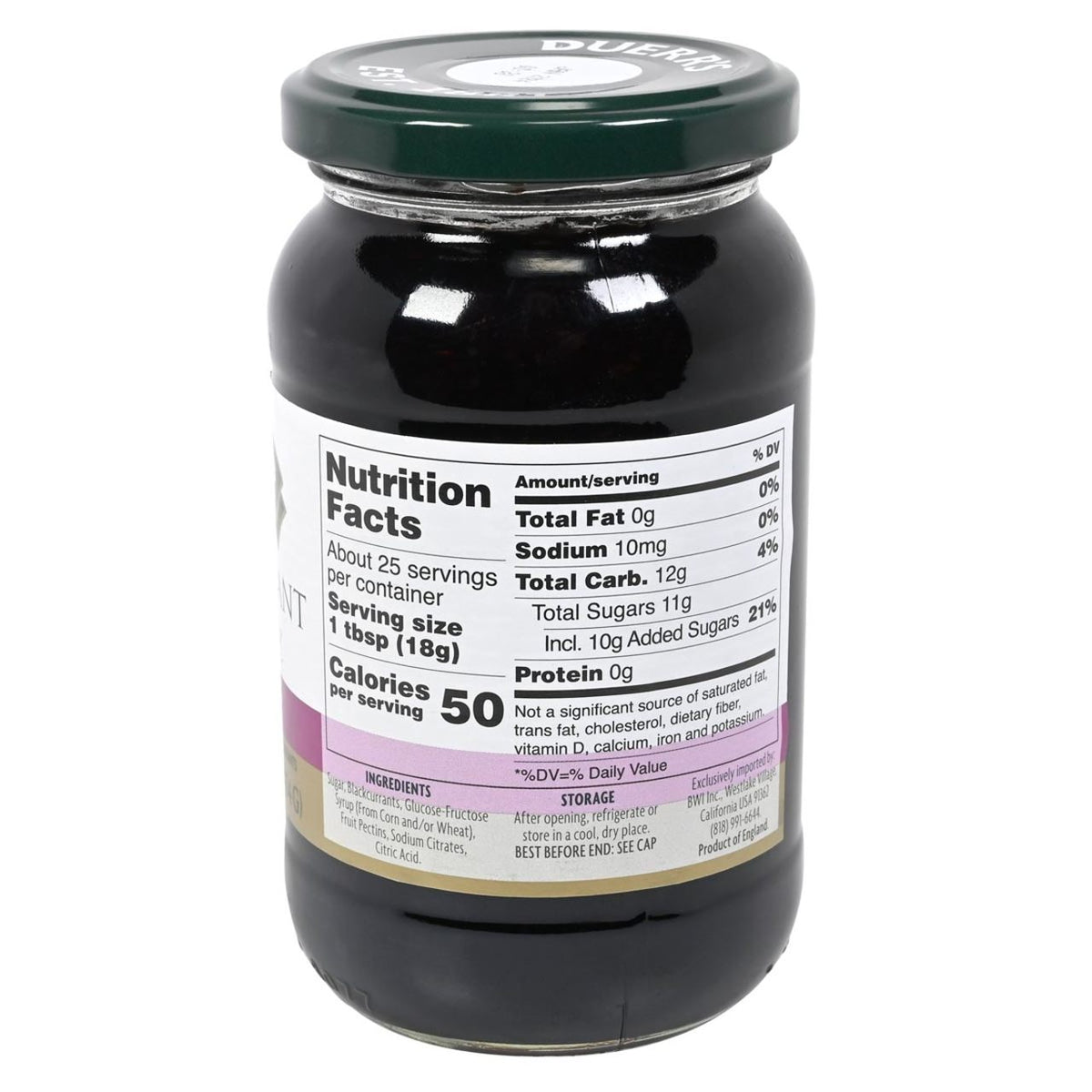 Back side of a jar of Duerr's Premium Blackcurrant Conserve featuring white label and black text for nutrition facts.