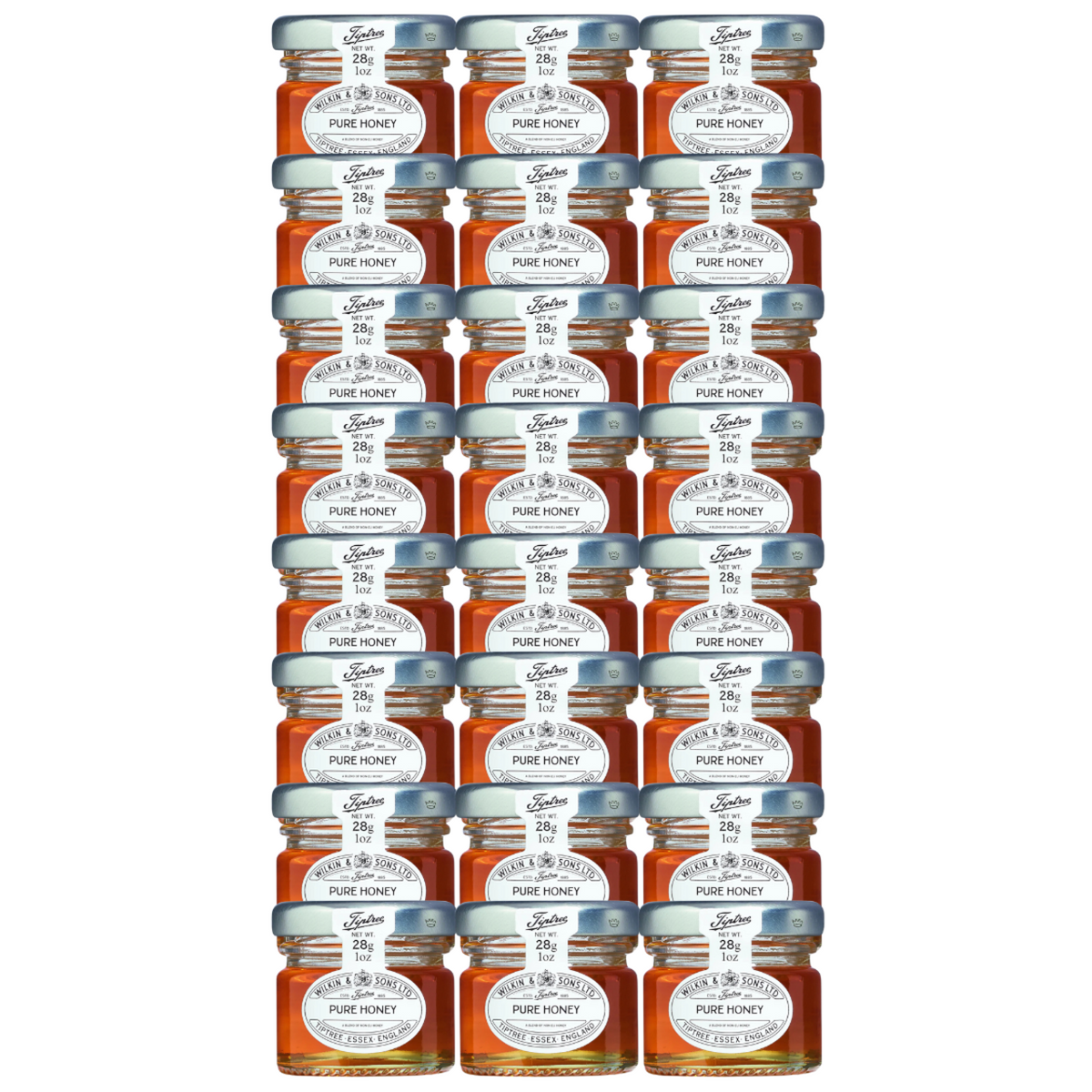 24 1oz mini jars of Tiptree Pure Clear Honey with a label indicating it is a product of Wilkin & Sons Ltd, Tiptree, Essex, England.