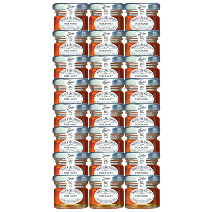 24 1oz mini jars of Tiptree Pure Clear Honey with a label indicating it is a product of Wilkin & Sons Ltd, Tiptree, Essex, England.