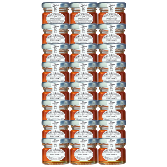 24 1oz mini jars of Tiptree Pure Clear Honey with a label indicating it is a product of Wilkin & Sons Ltd, Tiptree, Essex, England.