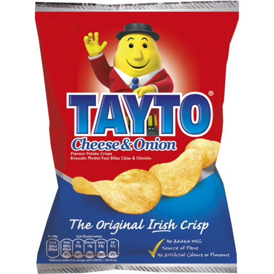 Tayto Cheese & Onion potato chips packaging with a cartoon character on a red and blue background.
