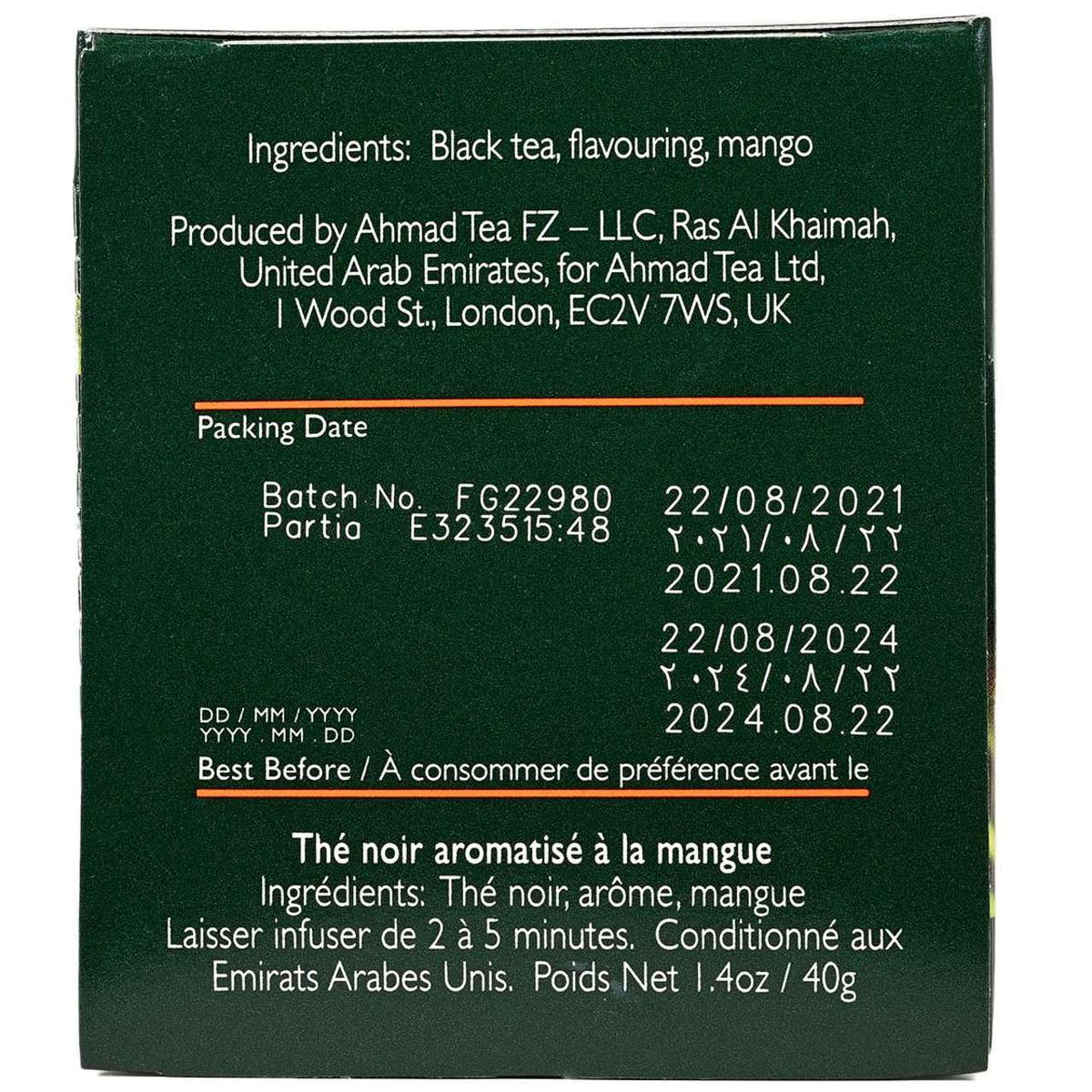 Tea package back with ingredient list, production details, and best before date.
