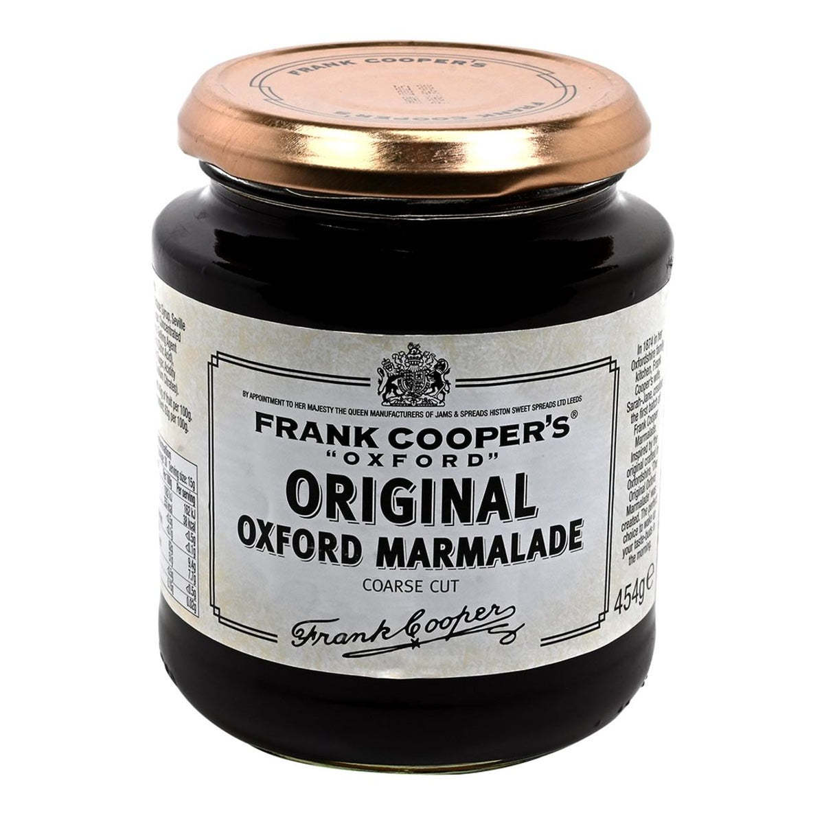 Jar of Frank Cooper's Original Oxford Marmalade with a gold lid on a white background