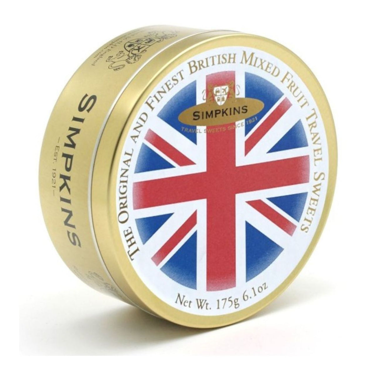 Simpkins mixed fruit travel sweets tin with Union Jack design on a white background