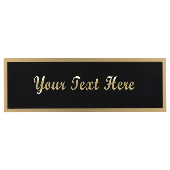 Personalized black nameplate with gold trim and gold placeholder with cursive writing for Your Text Here