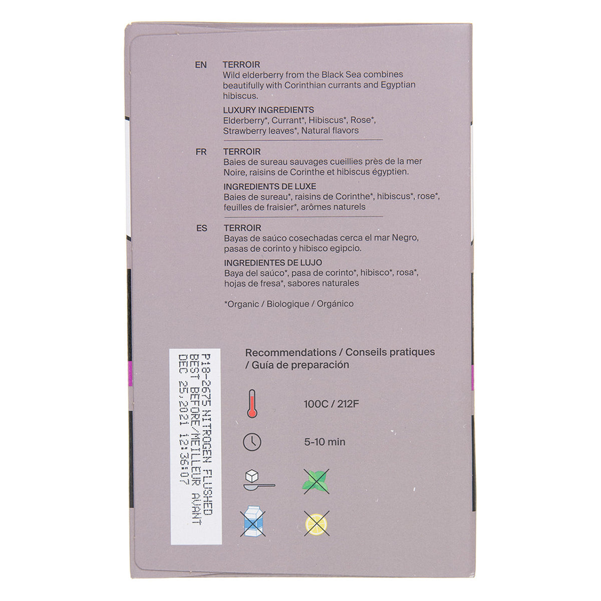 Back of a product packaging with text and icons on a white background
