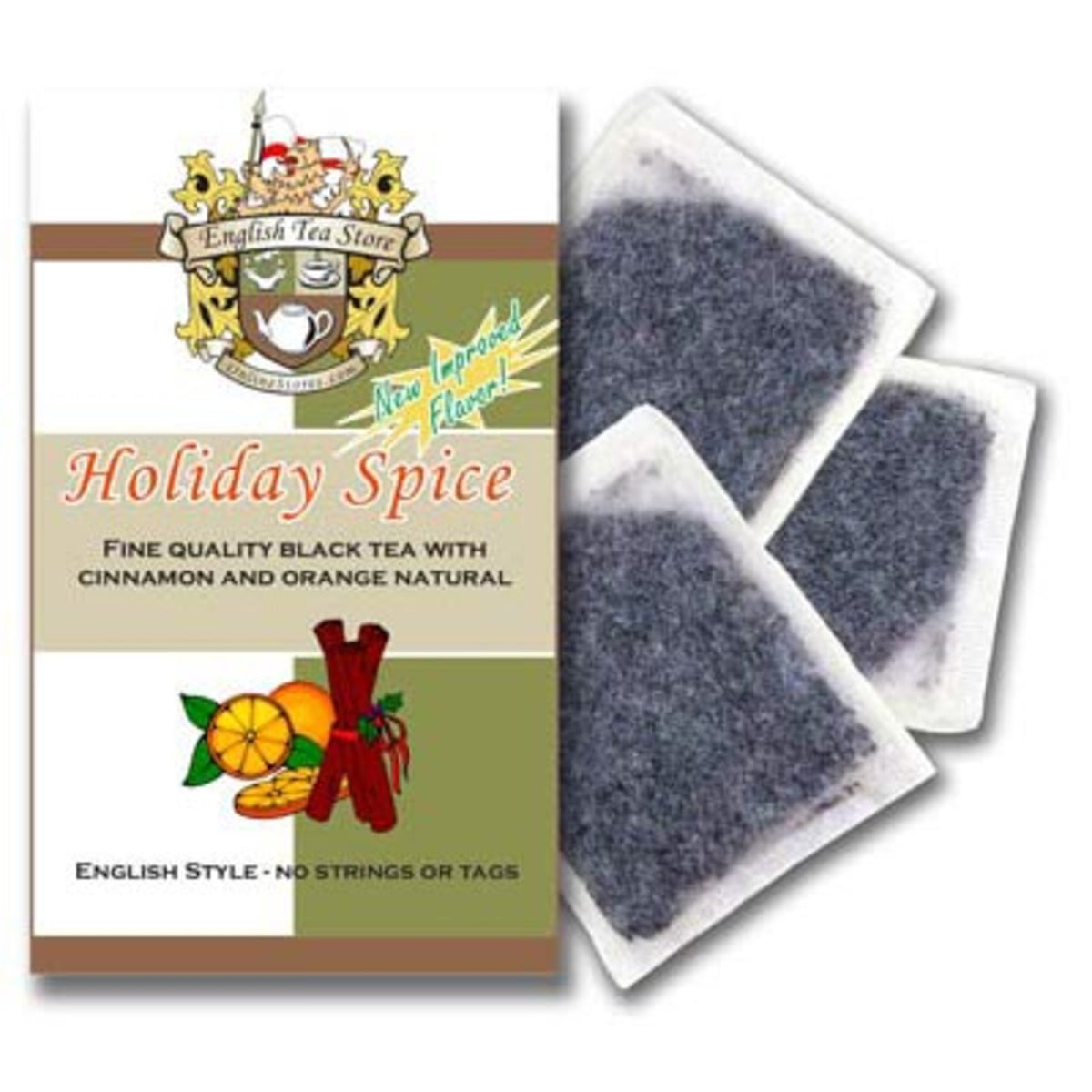 A brown paper pouch packaging for Holiday Spiced tea bags with the English Tea Store logo and product name printed on it.