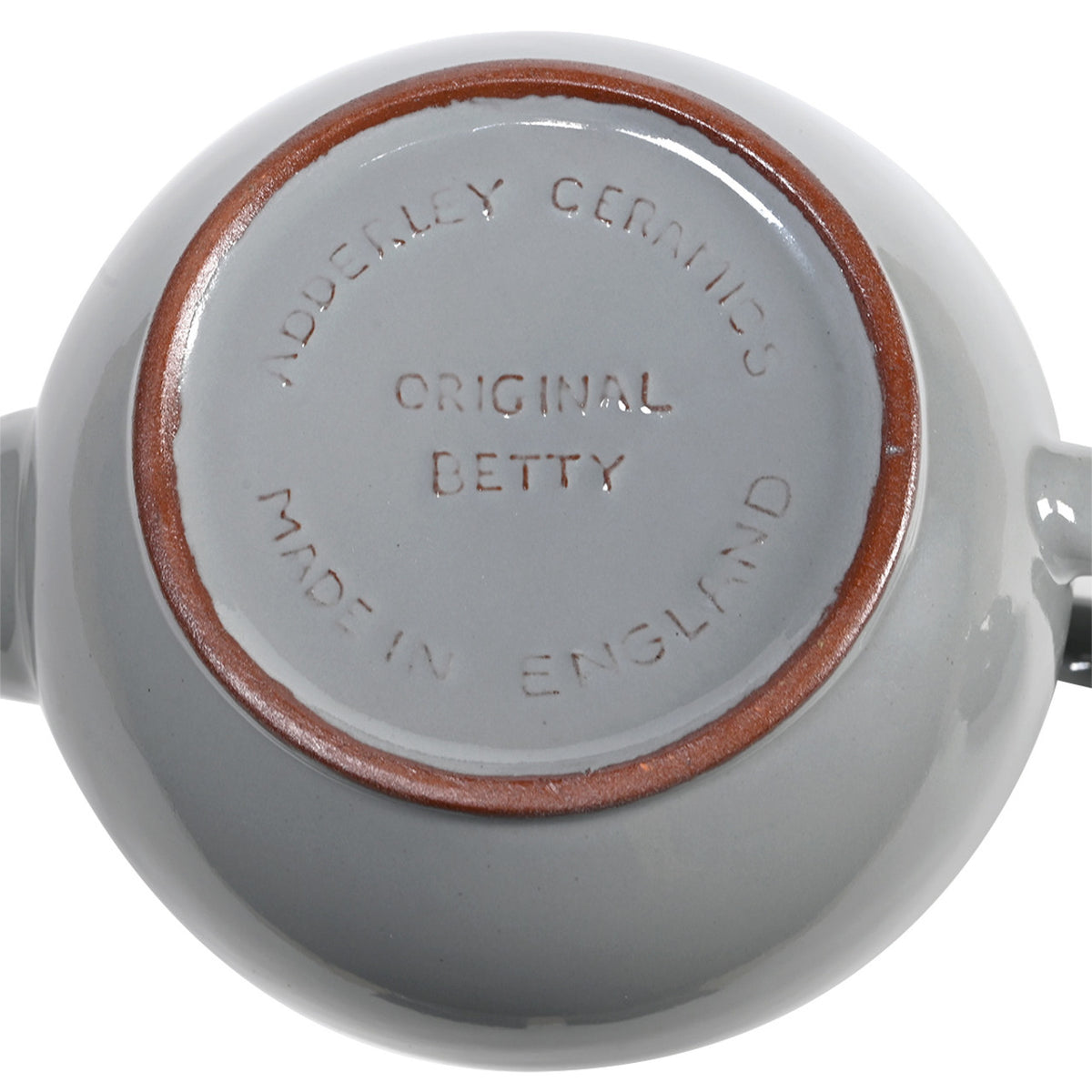 Close-up of a gray teapot with 'Original Betty' branding on a white background