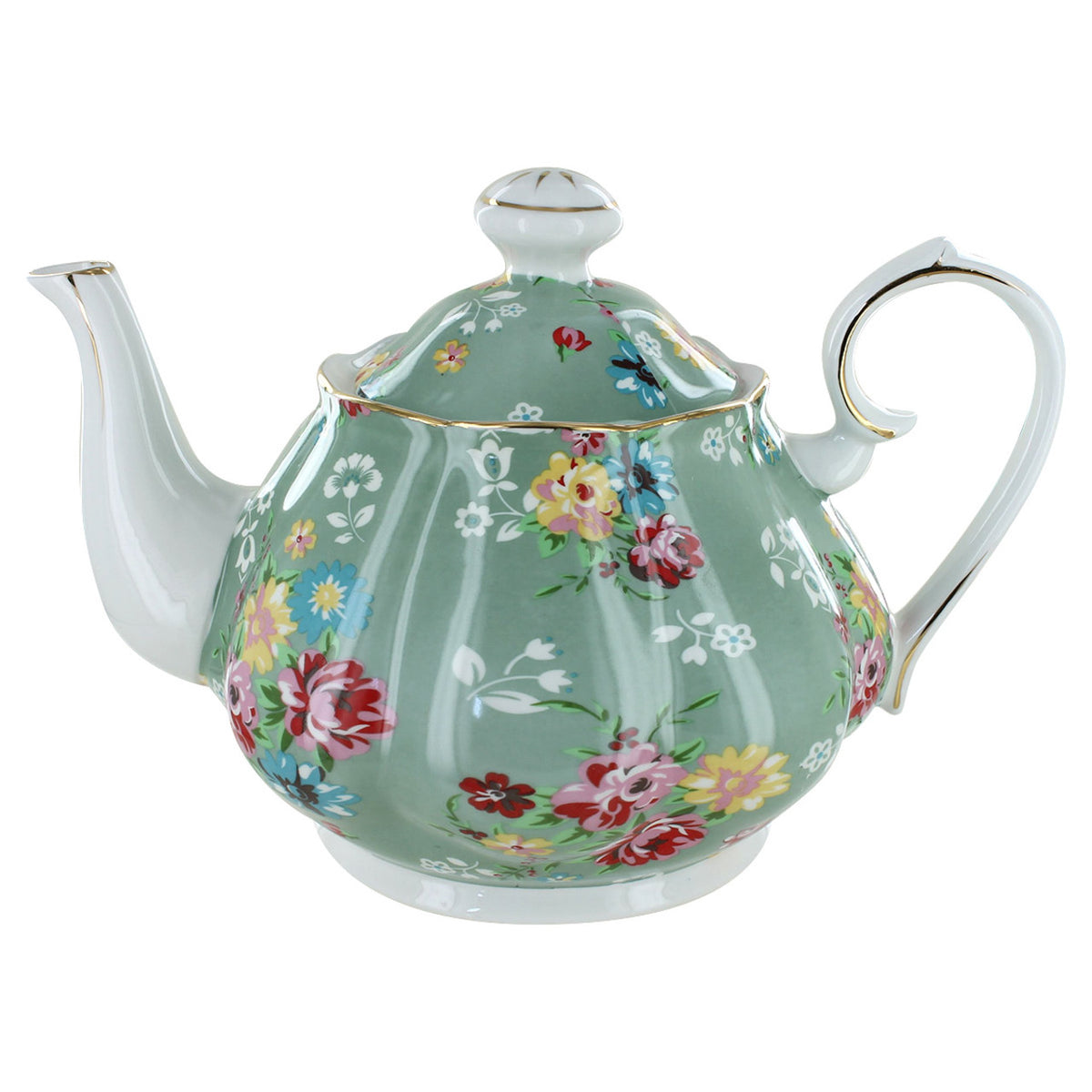 Porcelain teapot with floral design on a white background