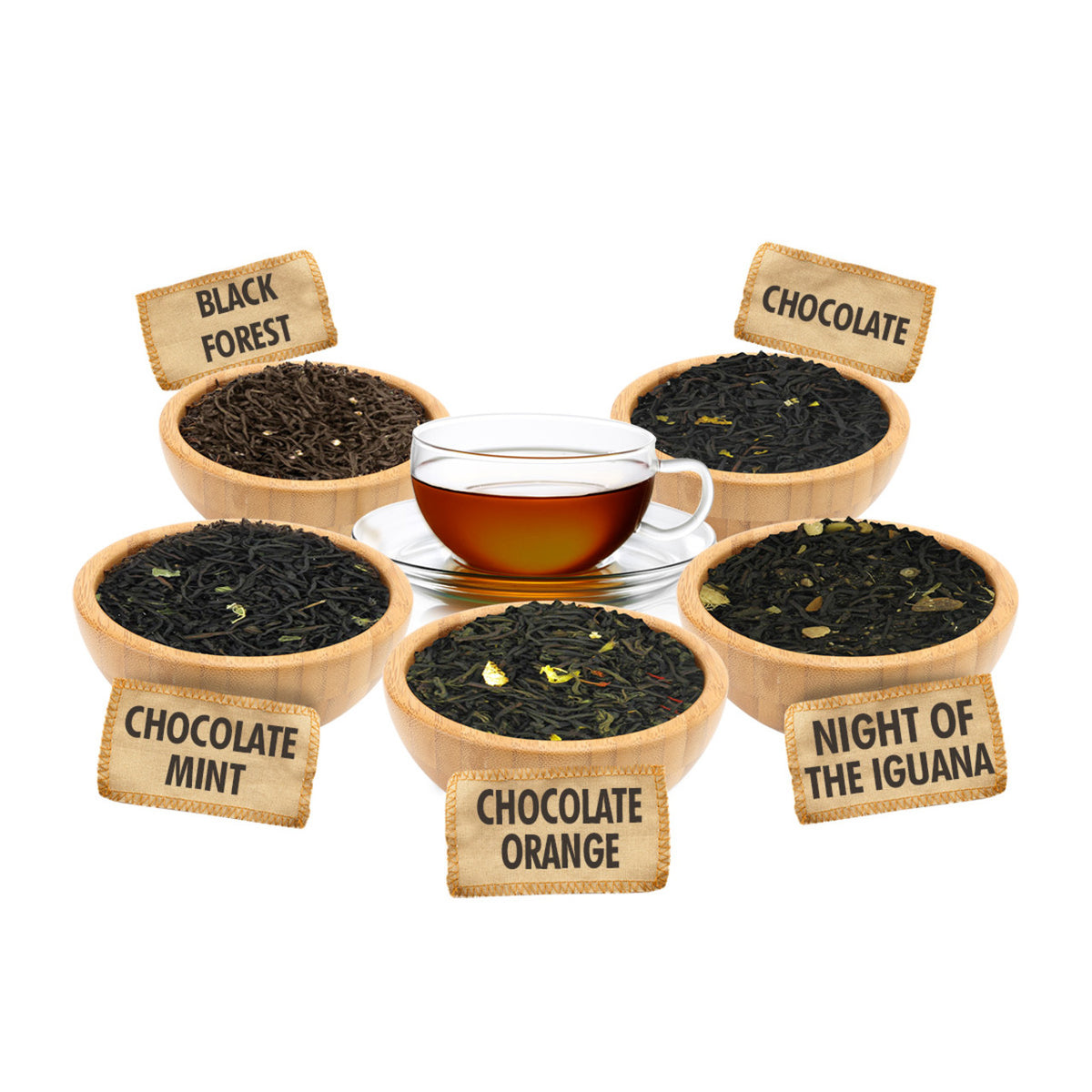 Assorted types of tea in wooden bowls with labels on a white background