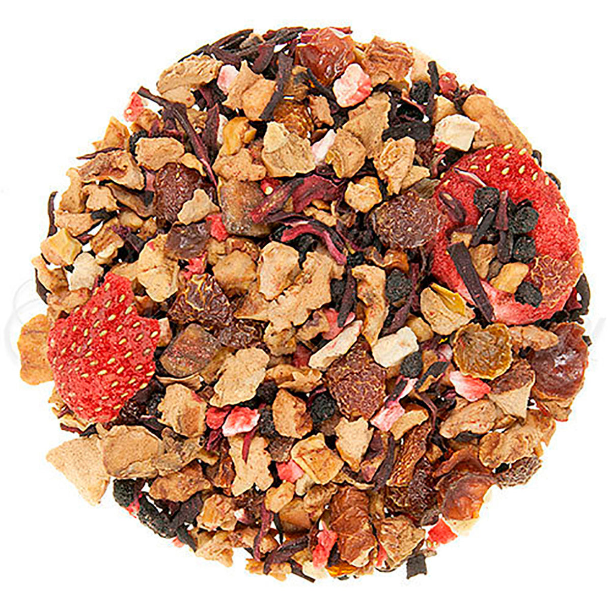 Assorted dried fruit and tea leaves on a white background