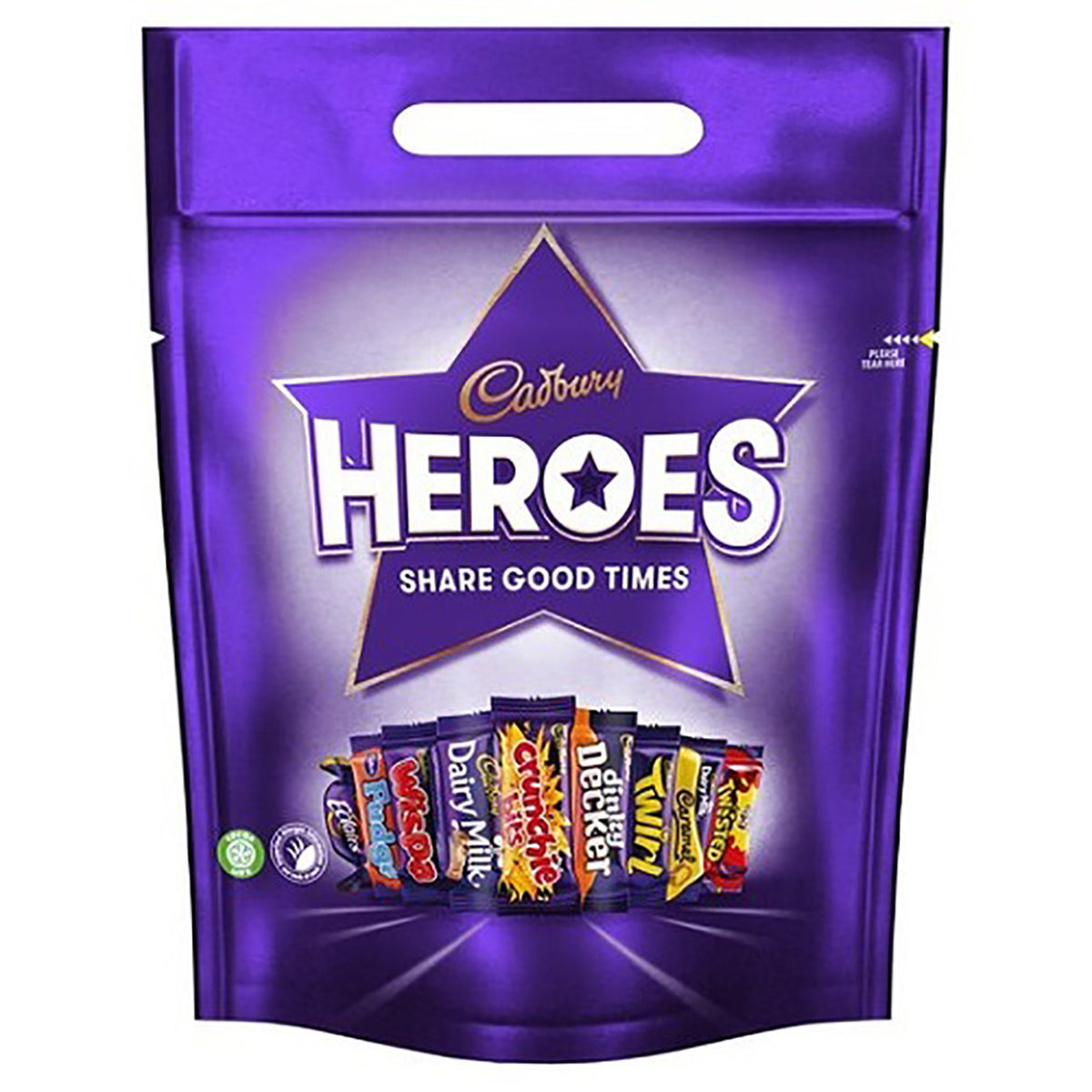 Purple Cadbury Heroes candy bag with star design and product images on a white background