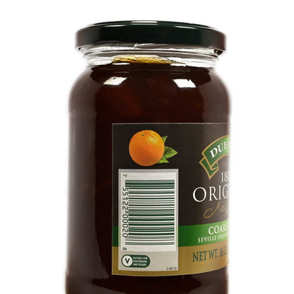 Side view of a jar of Duerr's 1881 Original Marmalade featuring the beginning of the product label with a whole orange and barcode.
