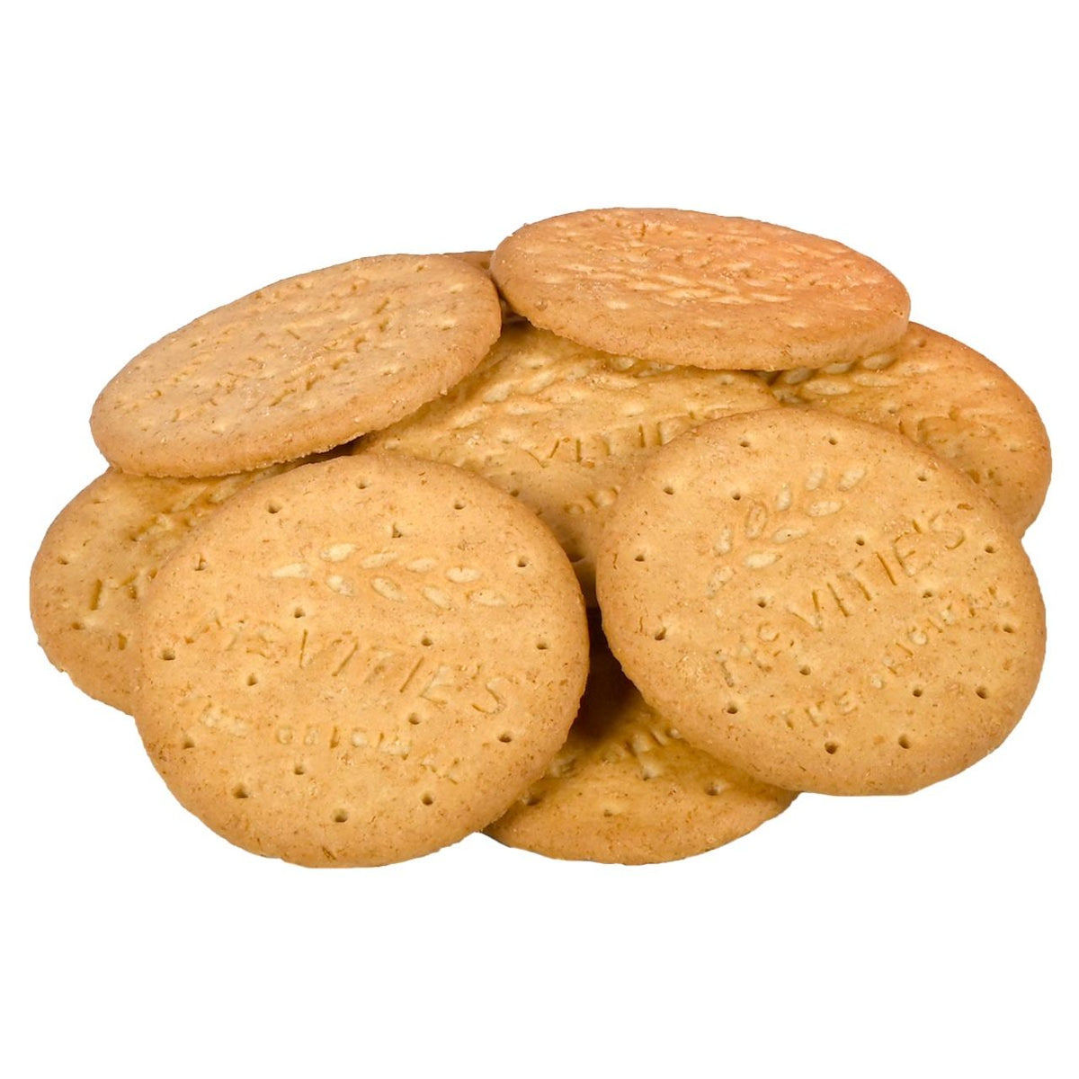 A pile of McVitie's Digestive biscuits on a white background.