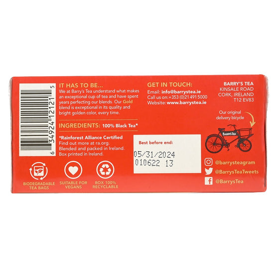 Back of a Barry's Tea package with text, contact information, and product details.