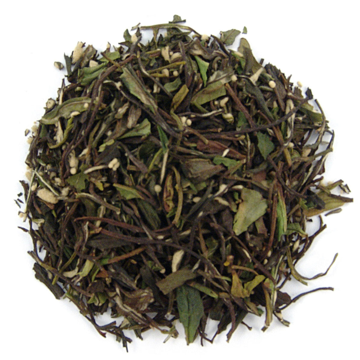 A pile of dry loose leaf tea with visible pieces of green tea leaves and small white tea buds.