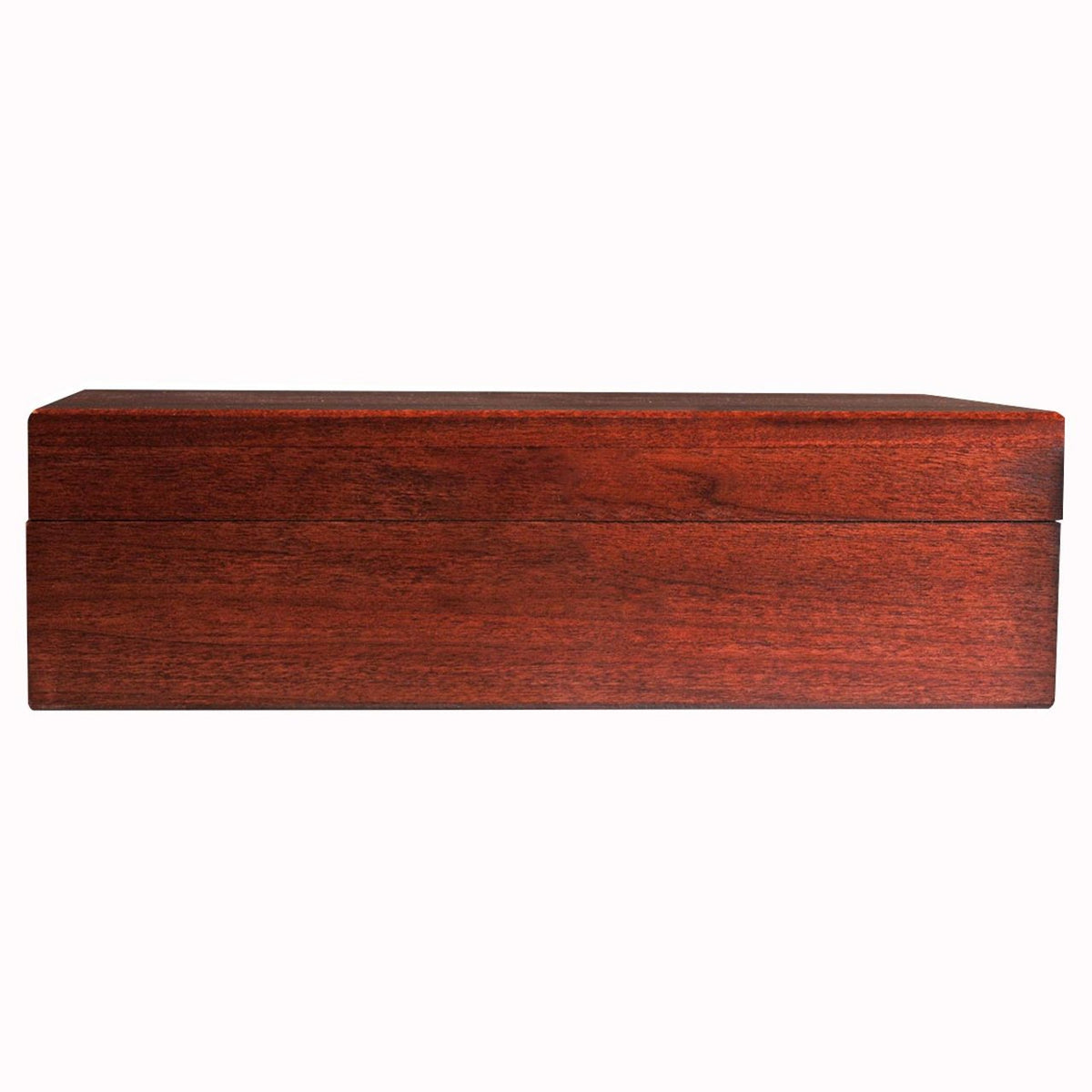 Front view of a closed cherry wood tea chest box.