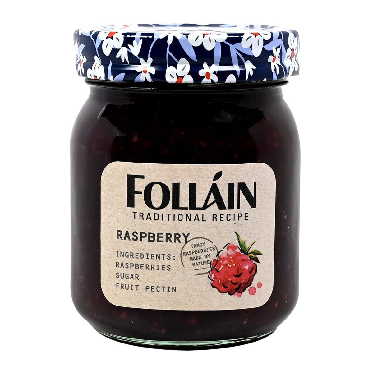 Jar of Folláin raspberry jam with floral lid on a white background