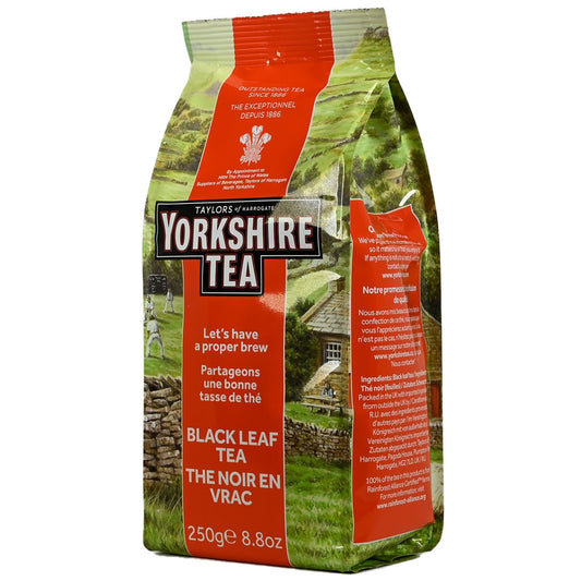 Yorkshire Tea package with a scenic design on a white background
