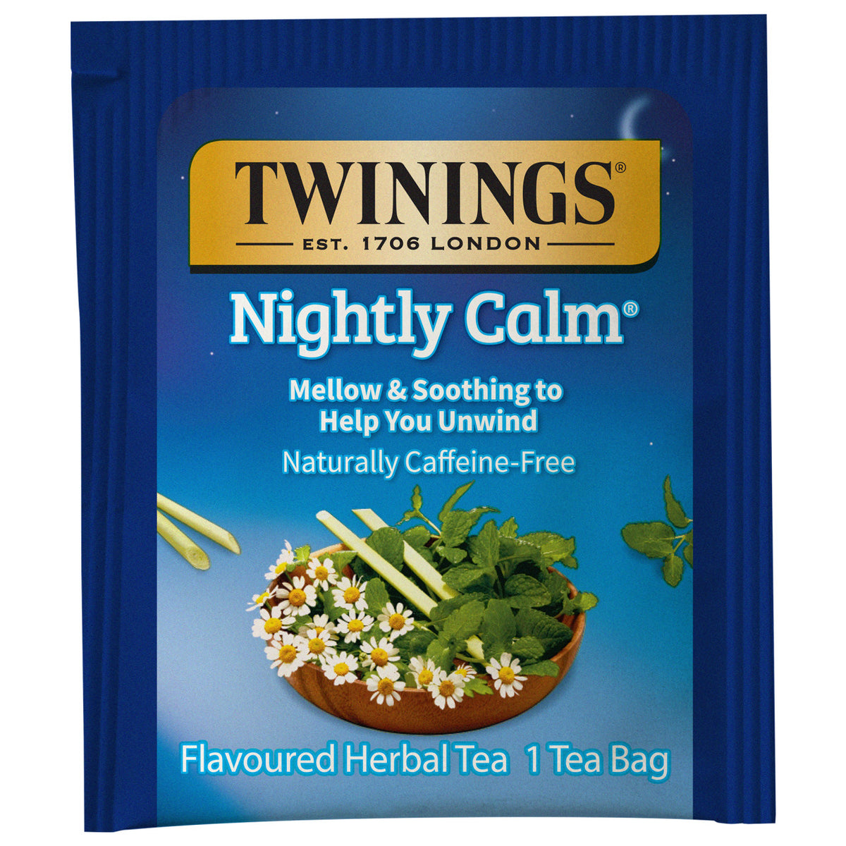Twinings Nightly Calm tea blue bag packaging on a white background