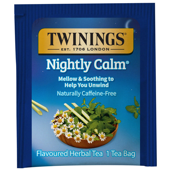 Twinings Nightly Calm tea blue bag packaging on a white background