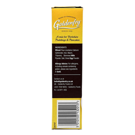Goldentry Yorkshire Puddings and Pancake mix product packaging with branding and ingredient list on a white background