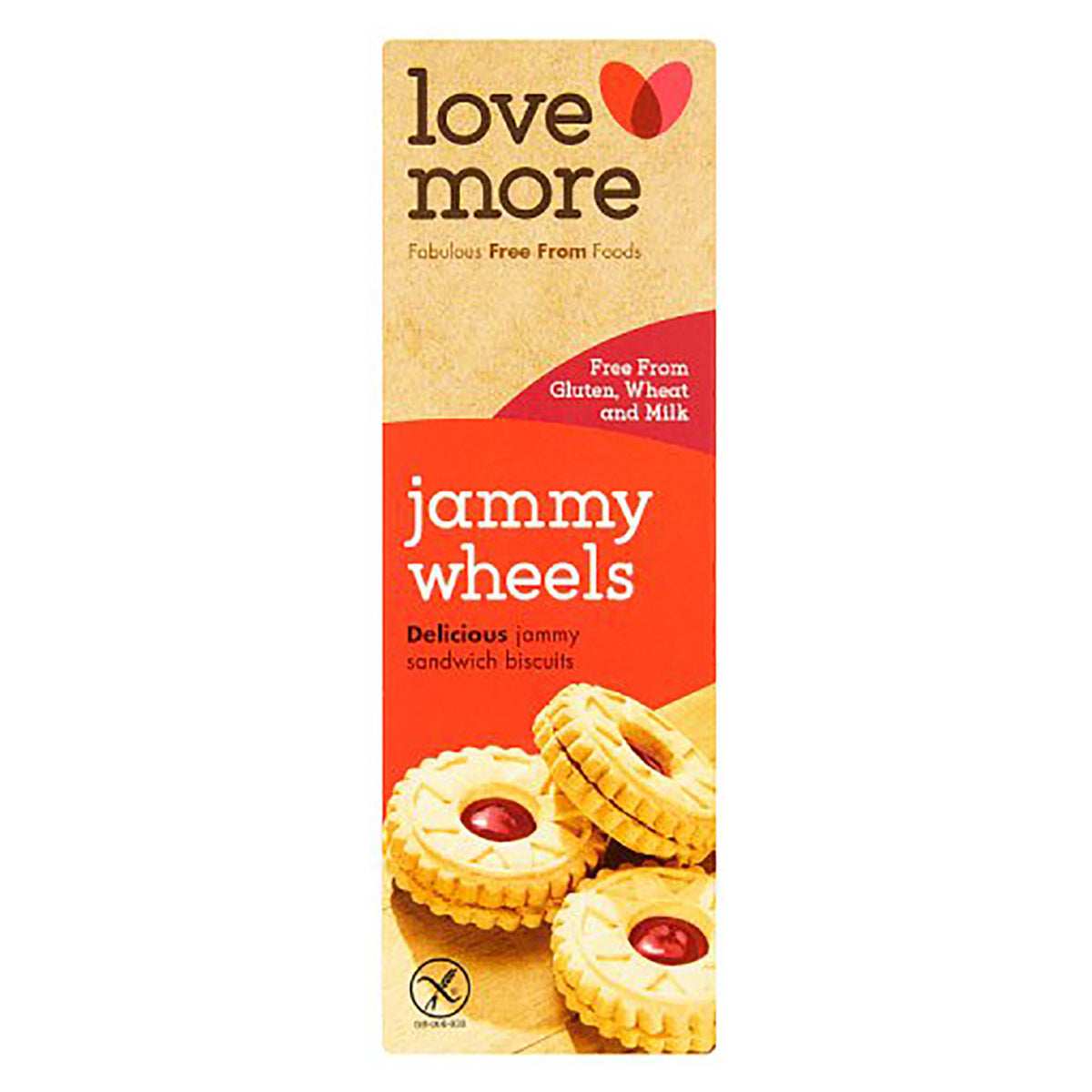 Box of 'love more' jammy wheels biscuits on a white background