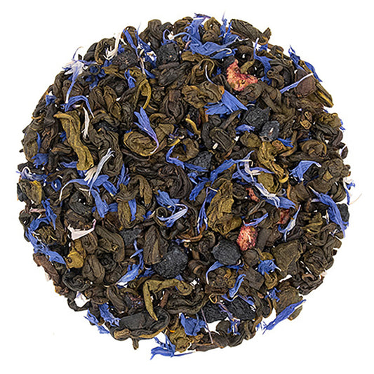 Loose leaf green tea mixed with blueberry and cornflower petals.