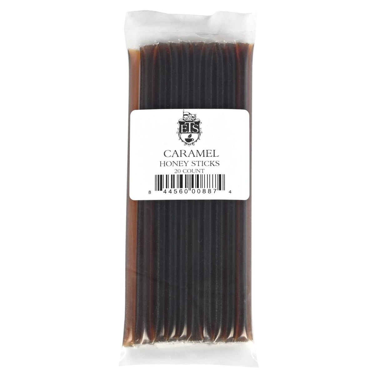 Pack of caramel honey sticks with a visible brand label on a white background