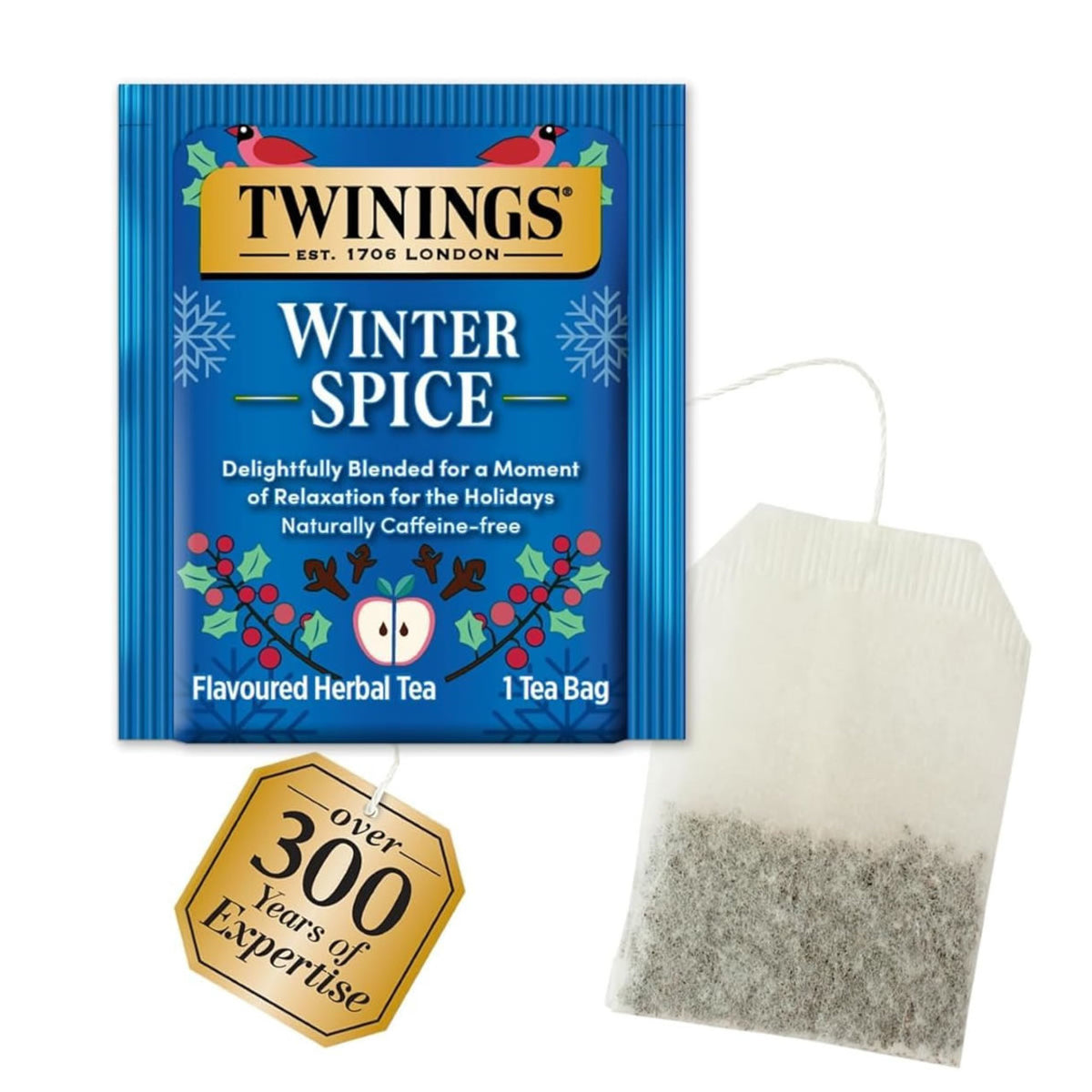 Twinings Winter Spice tea package with a tea bag on a white background
