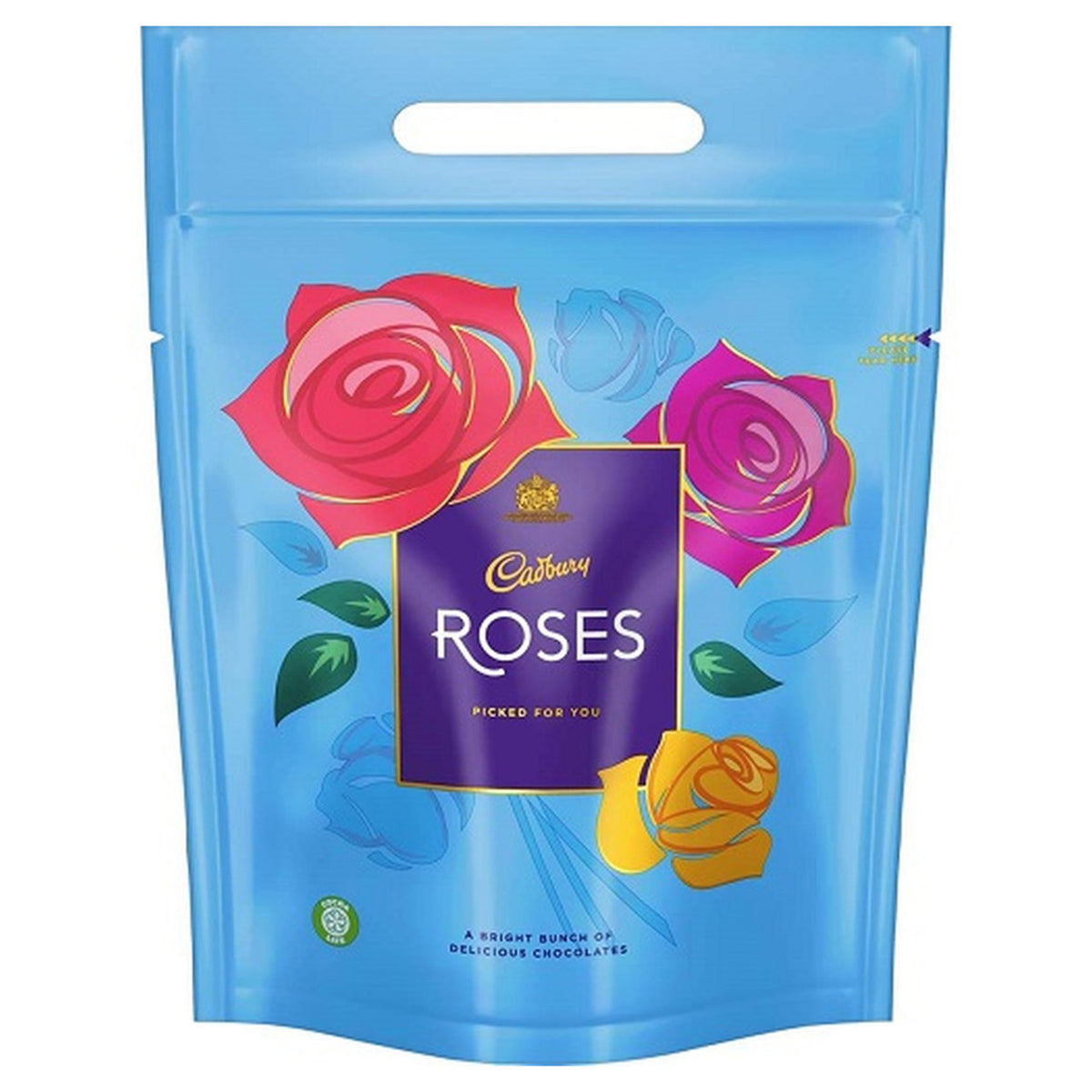 Cadbury Roses chocolate packaging with roses on a blue background