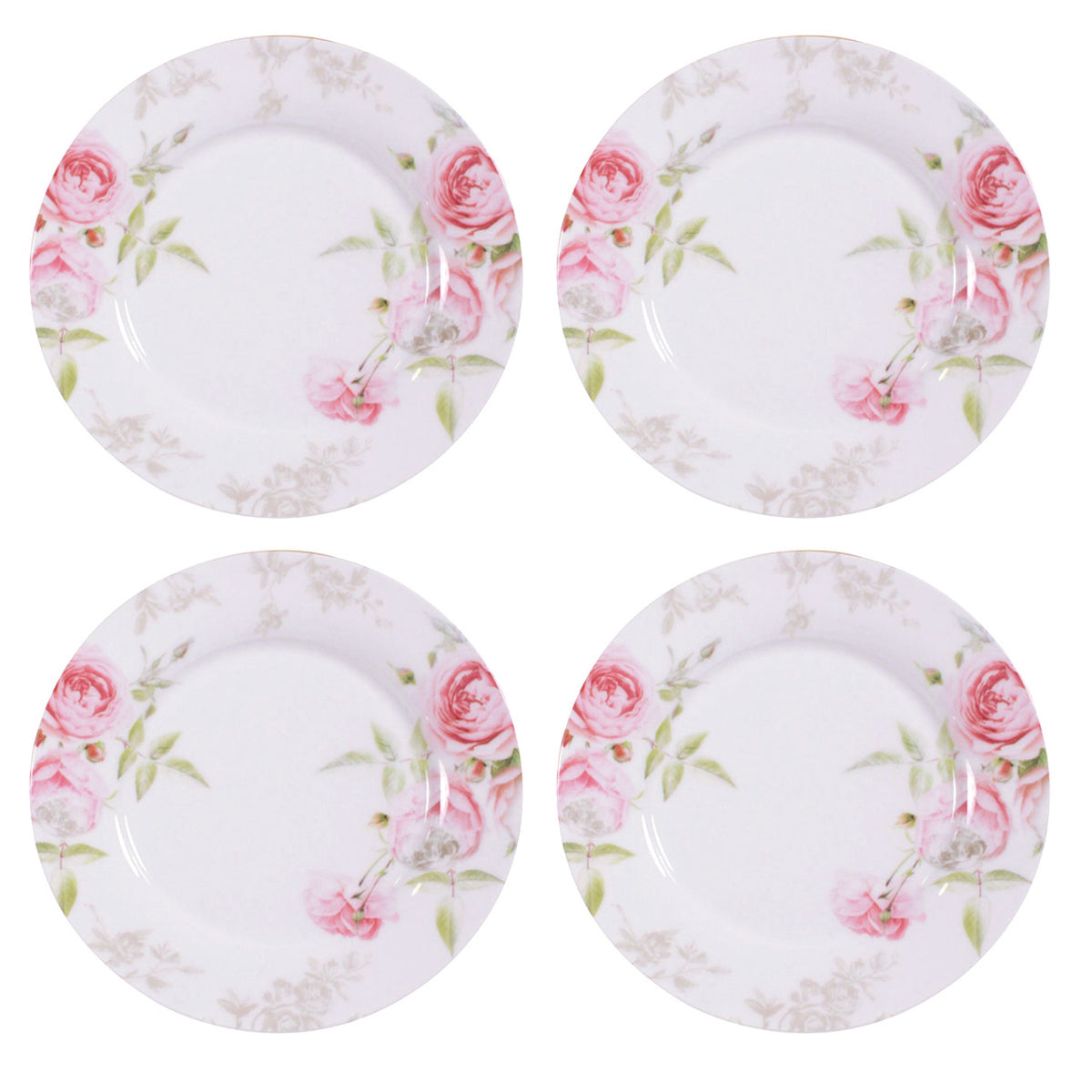 Four floral ceramic plates with pink roses on a white background