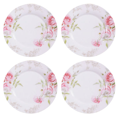 Four floral ceramic plates with pink roses on a white background
