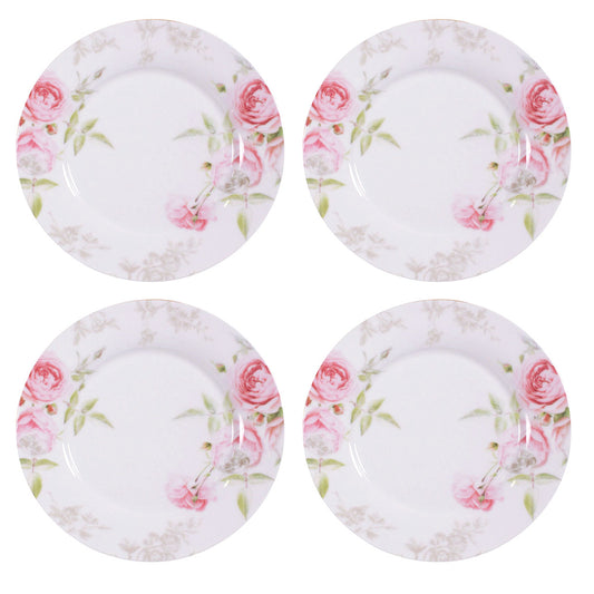 Four floral ceramic plates with pink roses on a white background