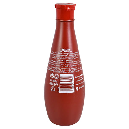 Red bottle of Sarson's Malt Vinegar with label on a white background