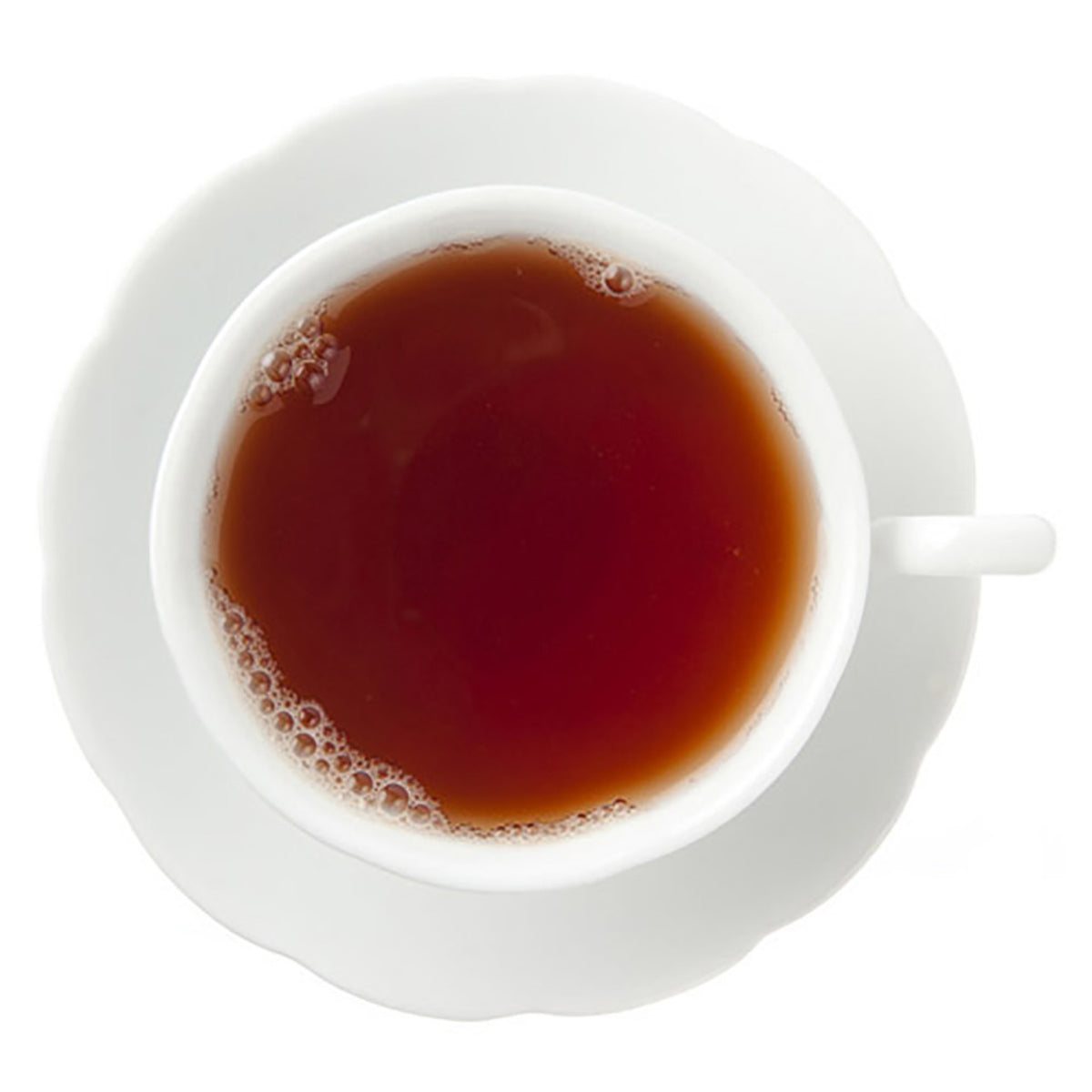 White cup and saucer with black tea on a white background