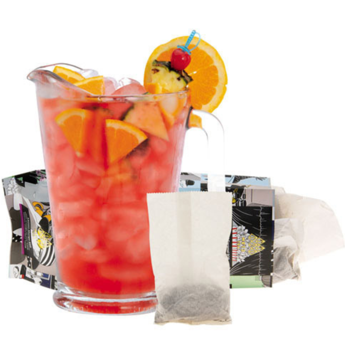 Glass pitcher of Angel Fall's Mist light red colored iced tea with fruit slices and tea bags on a white background