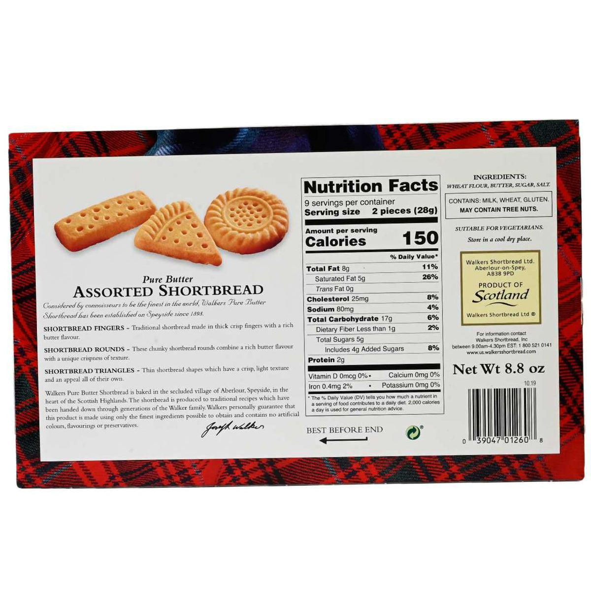 Box of assorted Walkers shortbread cookies with nutrition facts label on a red plaid background