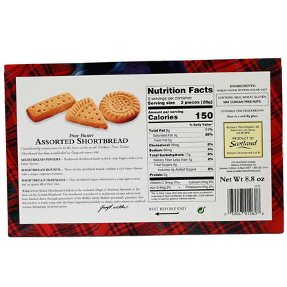 Box of assorted Walkers shortbread cookies with nutrition facts label on a red plaid background