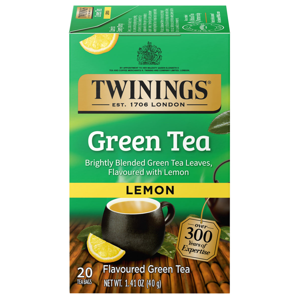 Box of Twinings Lemon Green Tea on a white background