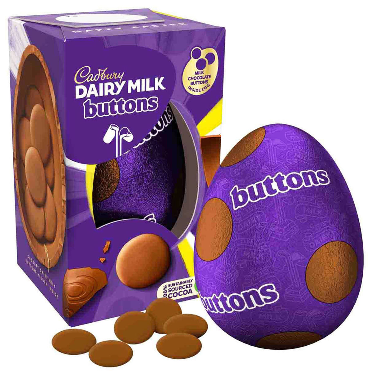 Cadbury Dairy Milk Buttons chocolate egg and packaging on a white background