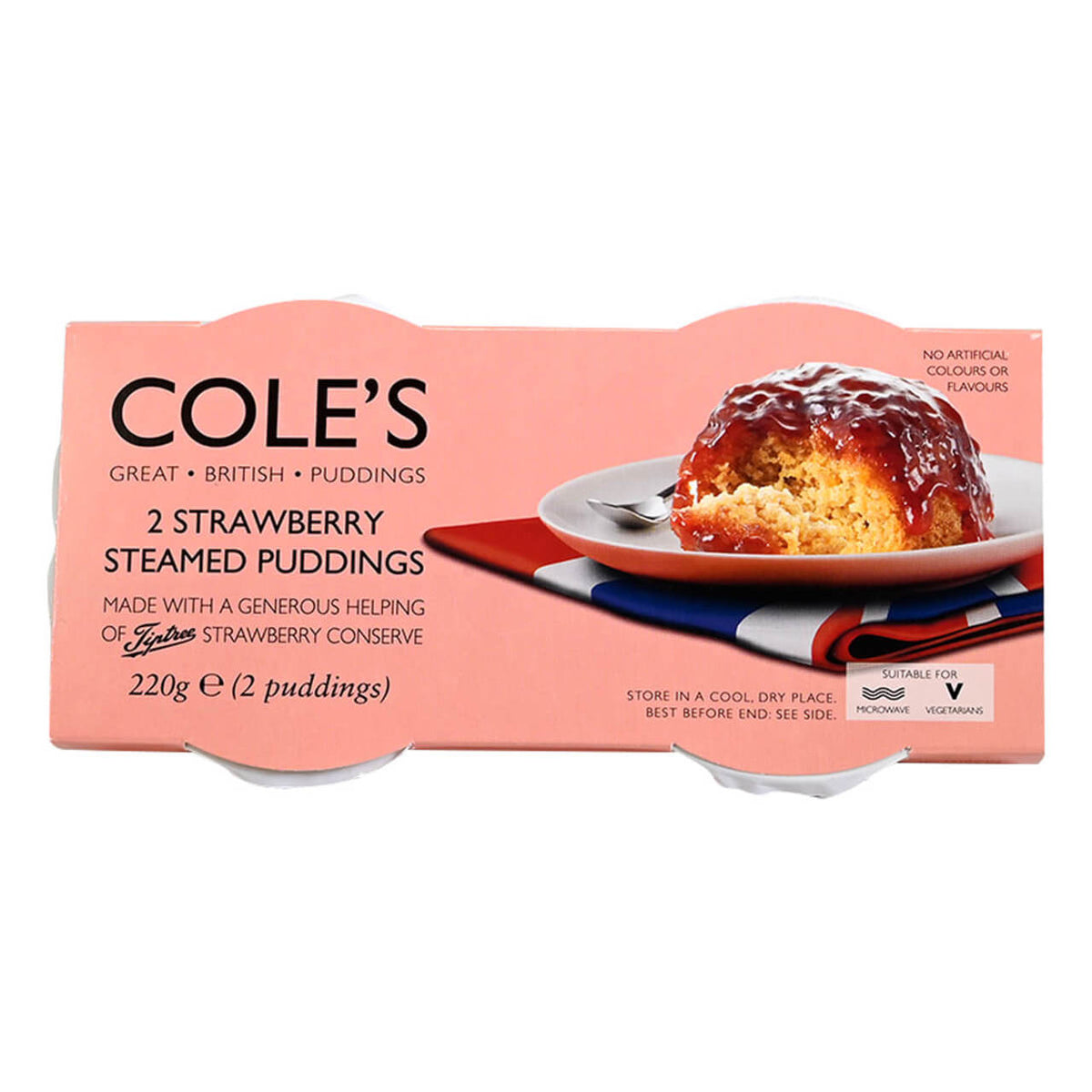 Packaging of Cole's strawberry steamed puddings with a pink background