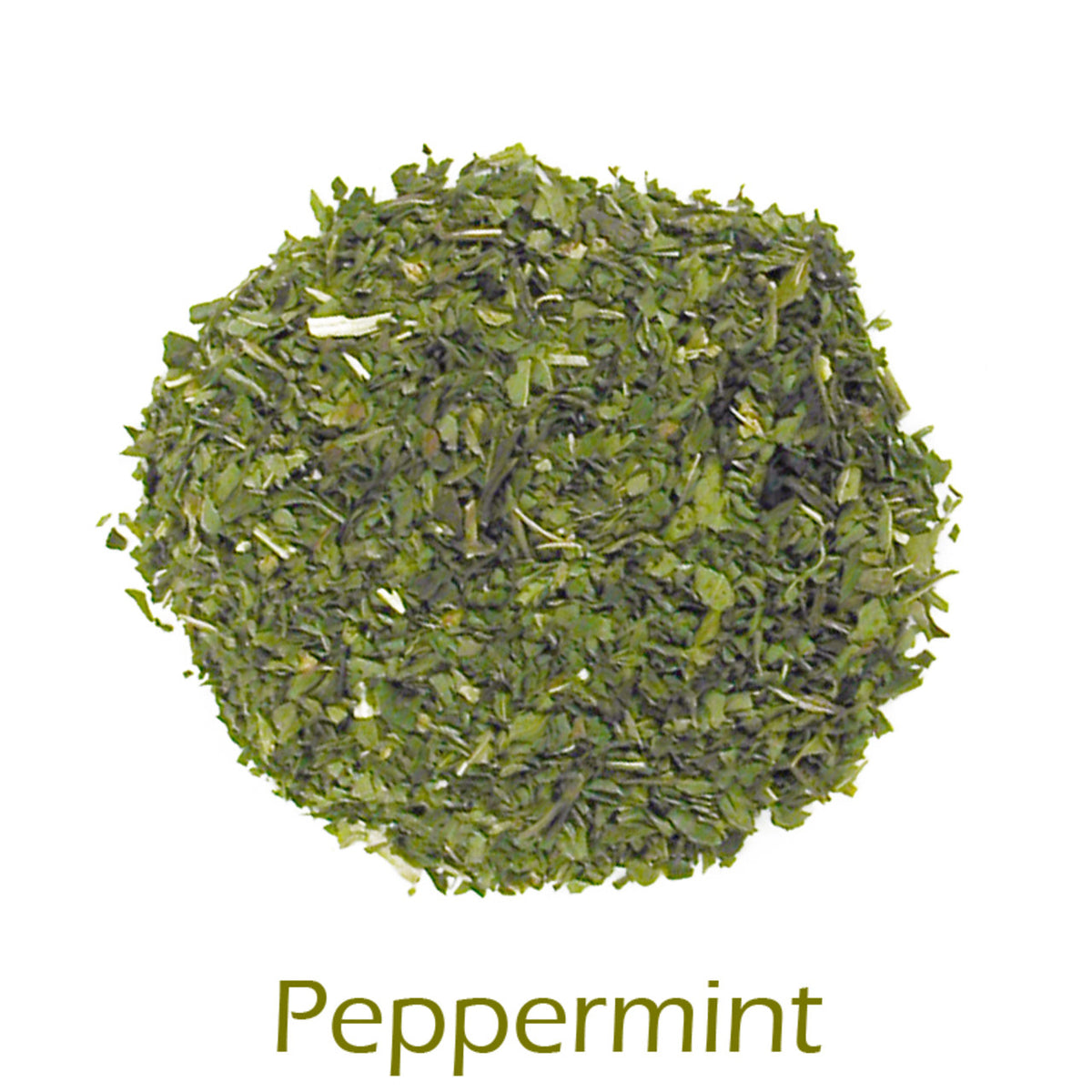 Dried peppermint green tea leaves on a white background with 'Peppermint' text below.