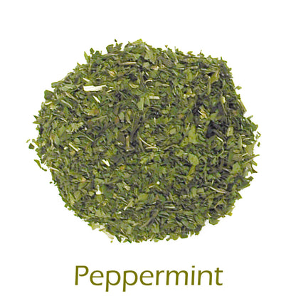 Dried peppermint green tea leaves on a white background with 'Peppermint' text below.