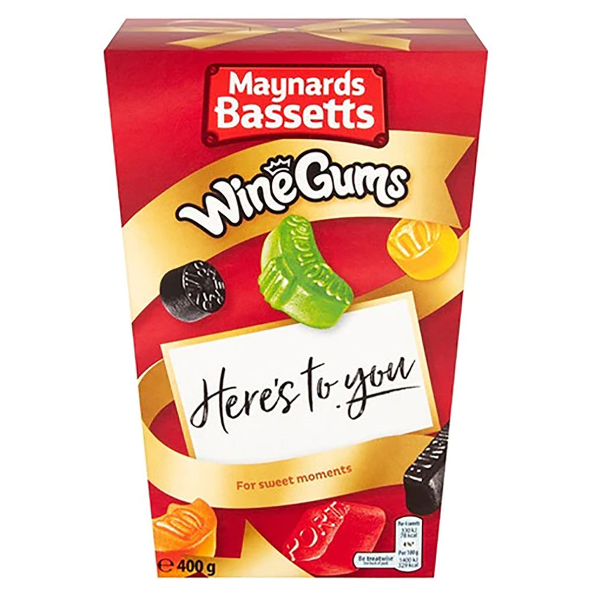 Maynards Bassetts WineGums packaging with colorful gummy candies and 'Here's to you' text on a red background.